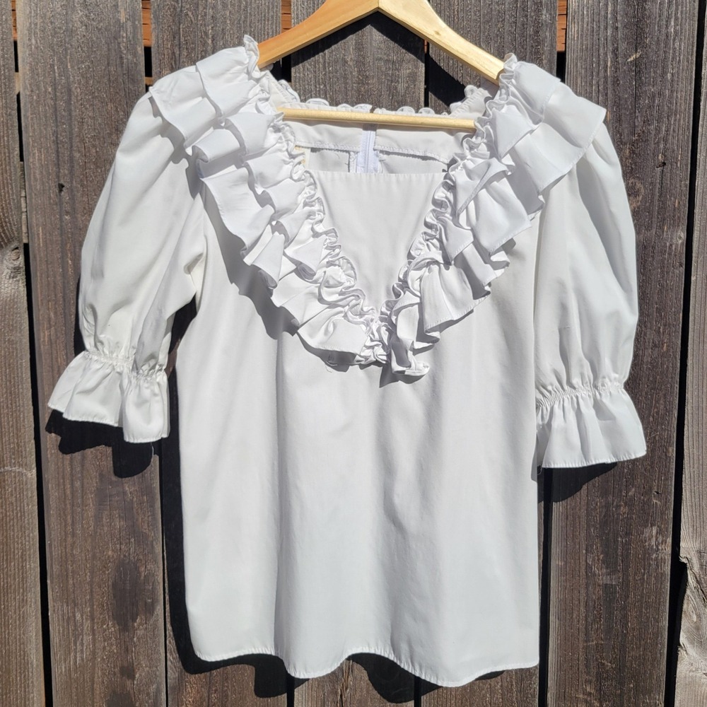 Vintage Malco Modes White Ruffle Blouse Puff Sleeve Square Dance S Peasant USA